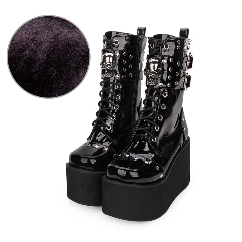 Super high-heel platform punk boots with side zipper and rivet skull decoration