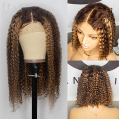 Natural Curly Deep Wave Lace Wig, Piano-color Inter-color Lace Headgear