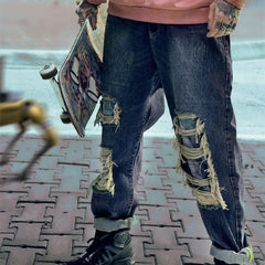 Punk Functional Style Loose Fitting Street Torn Pants
