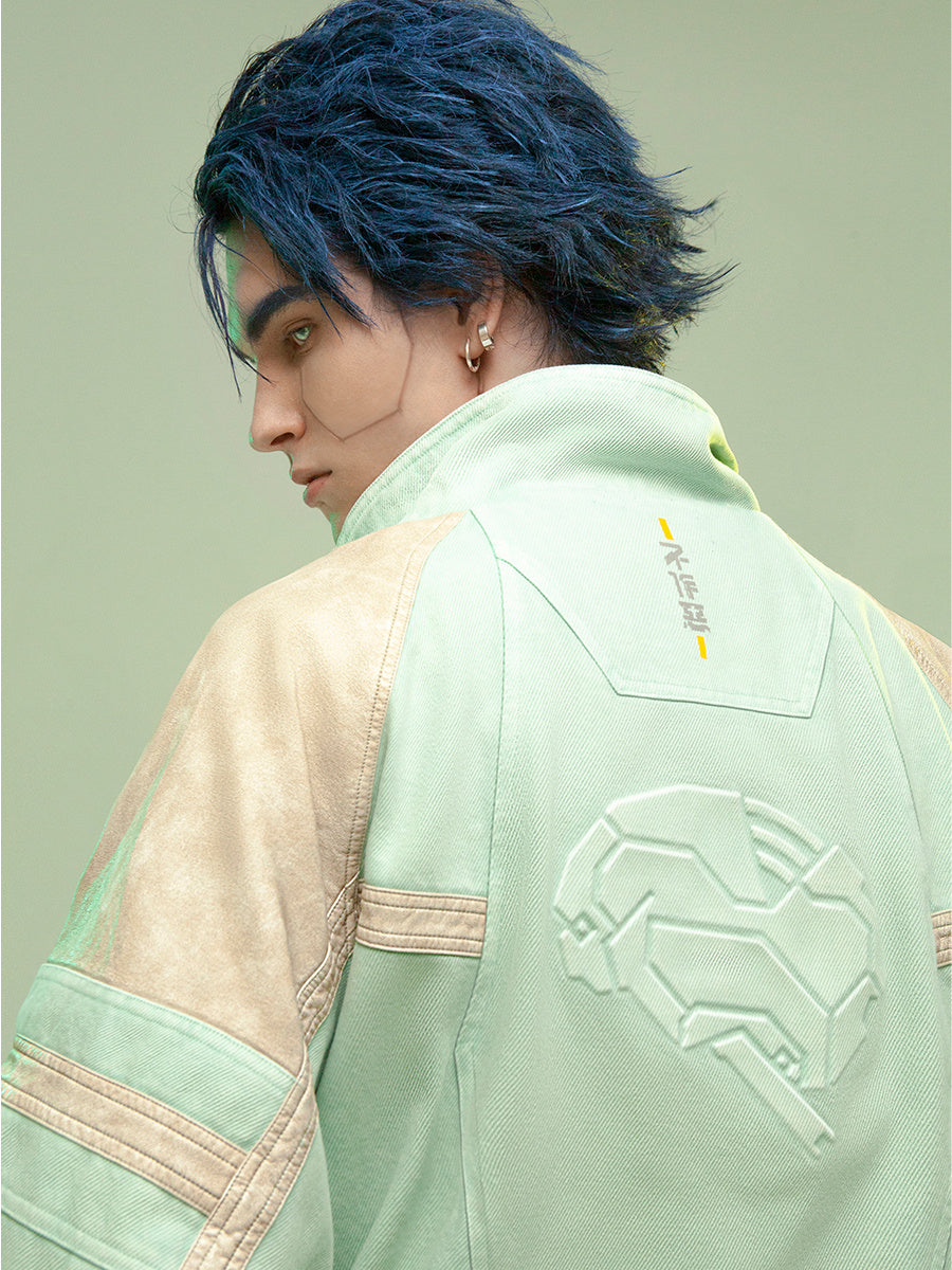 Chinese Style Leather Patchwork Washed Thickened Short Jacket