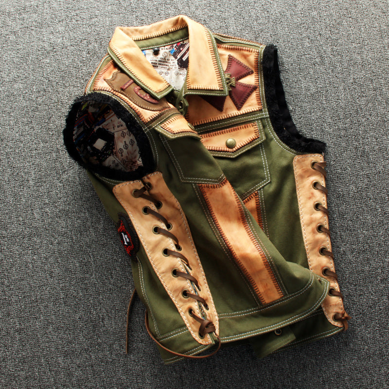 Green Canvas Slim Lapel Punk Motorcycle Vest