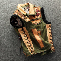 Green Canvas Slim Lapel Punk Motorcycle Vest