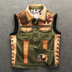 Green Canvas Slim Lapel Punk Motorcycle Vest