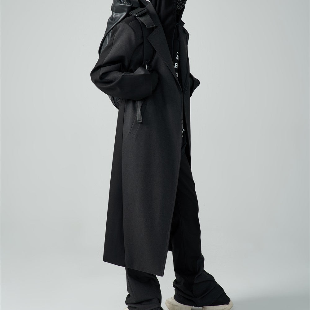 Autumn And Winter Wool Unbuttoned Loose Padded Shoulder Mid-length Patchwork Coat