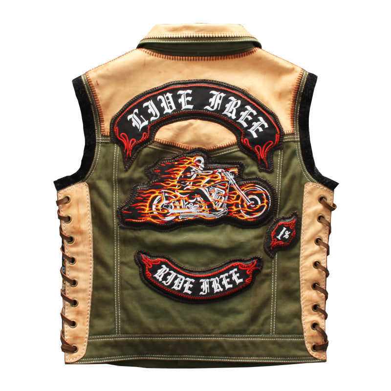 Green Canvas Slim Lapel Punk Motorcycle Vest
