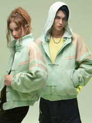 Chinese Style Leather Patchwork Washed Thickened Short Jacket