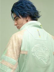 Chinese Style Leather Patchwork Washed Thickened Short Jacket