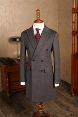 Herringbone Woolen Slim Fit Men's Mid Length Double Breasted Coat