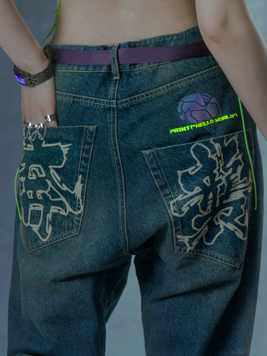 Punk Functional Style Loose Fitting Street Torn Pants