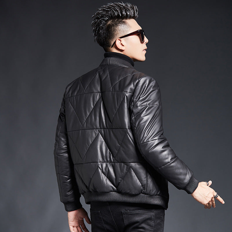 Men's Down Leather Coat Youth Leather Jacket