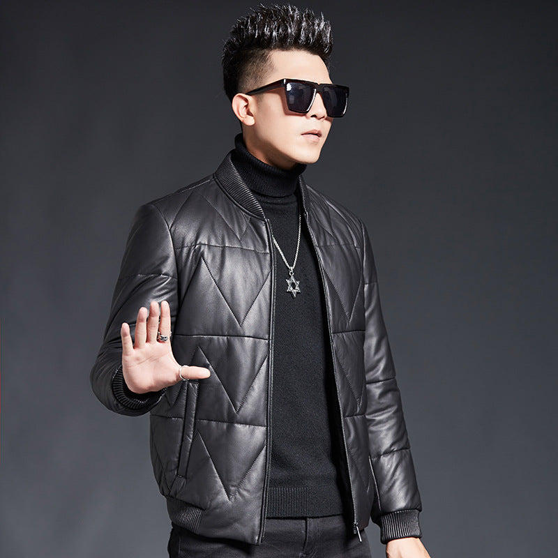 Men's Down Leather Coat Youth Leather Jacket
